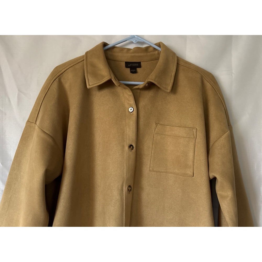 J Jill Women's Faux Suede Super Soft Stretch Shirt Shacket Tan Button Up L - Picture 3 of 8